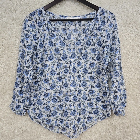 Roller Rabbit Top Womens Small Blue Floral V-Neck Pullover Long Sleeve Bloomcore - Picture 1 of 10